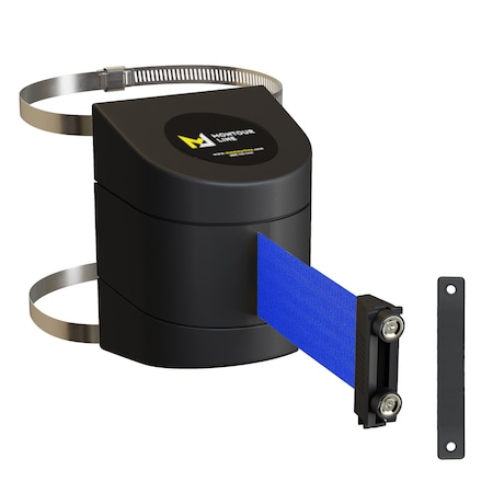 Montour Line Retractable Belt Barrier Black Clamped Wall Mount, 13' Blue Belt (M) PWM200-BK-BL-C-M-130